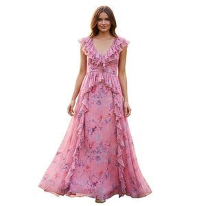 BHLDN Pink Floral Ruffle Maxi Dress